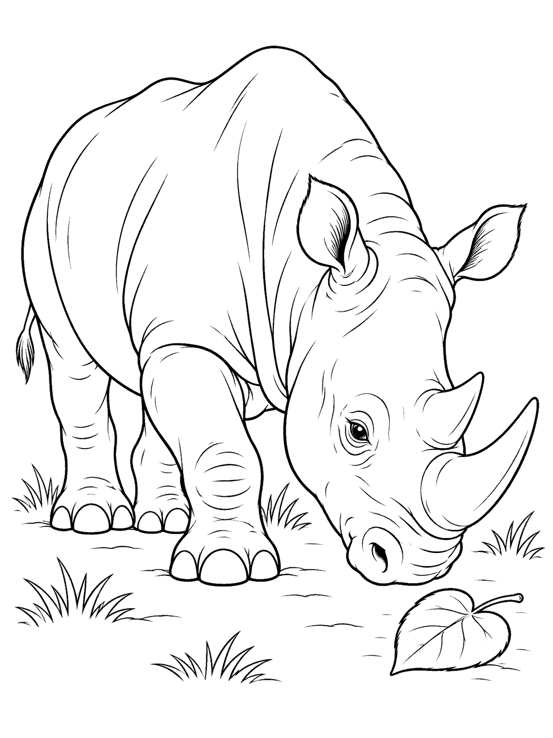 Black-and-white coloring page of a rhino lowering its head toward a separate heart-shaped leaf, with a few grass tufts.