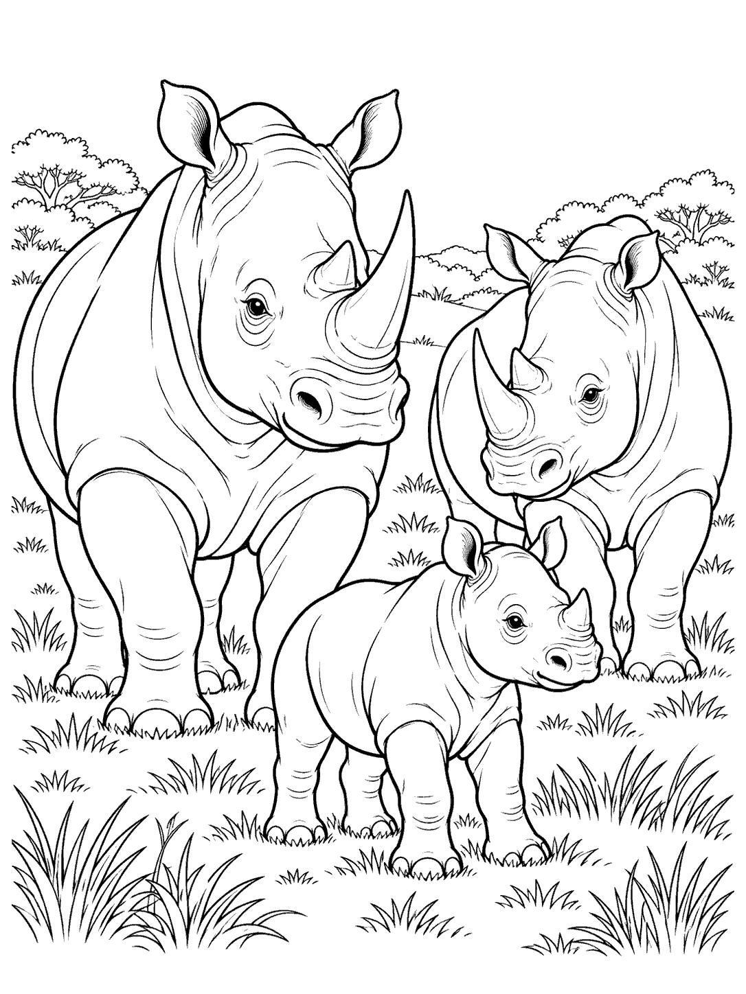 Two adult rhinos and a calf among grass and distant shrubs