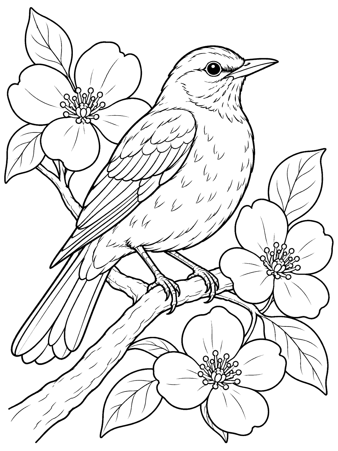 Black-outline coloring page of a robin perched on a diagonal branch among three large blossoms and broad leaves.