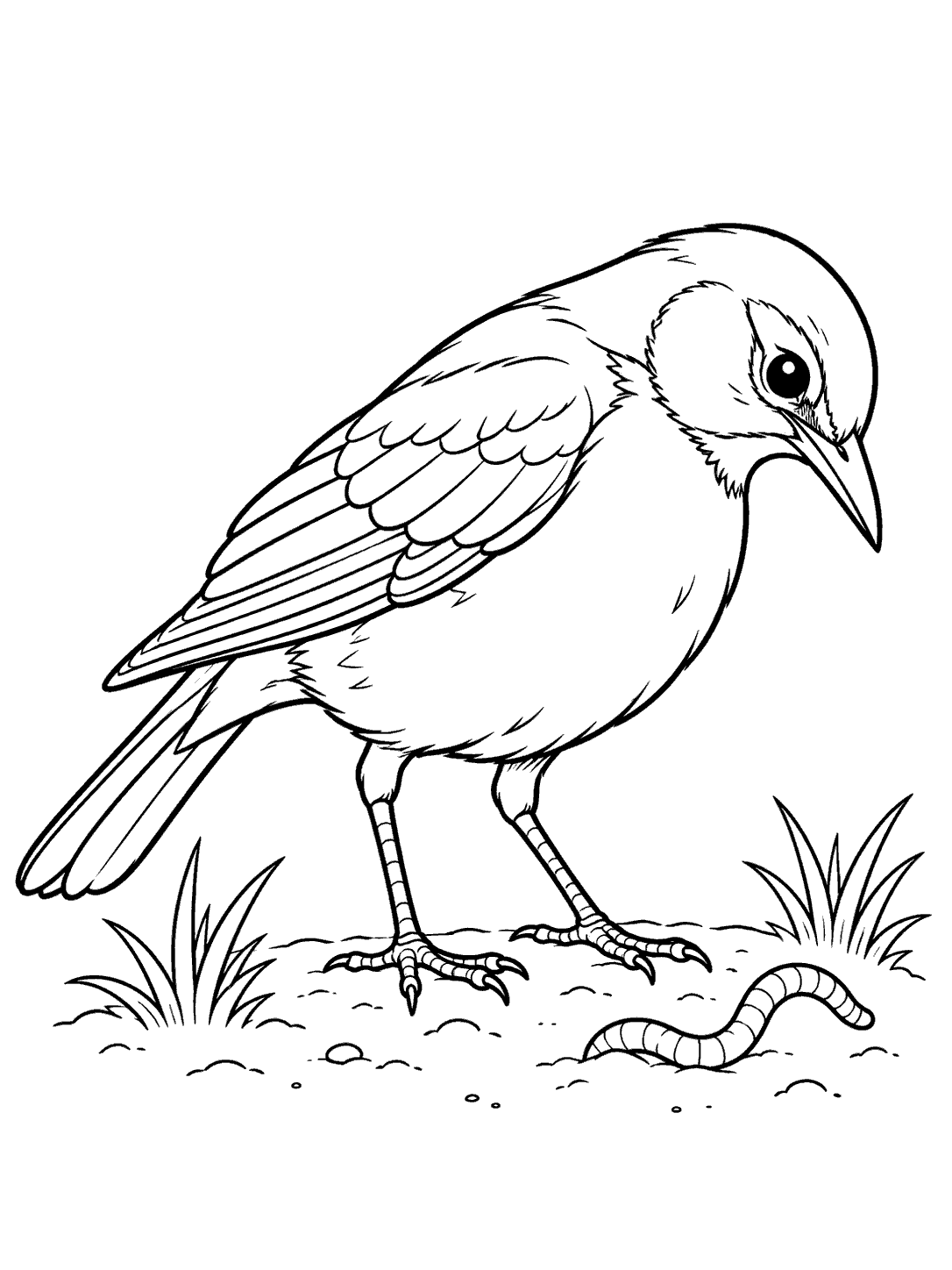 Black-outline coloring page of a robin looking down at a curved earthworm, with two tufts of grass.