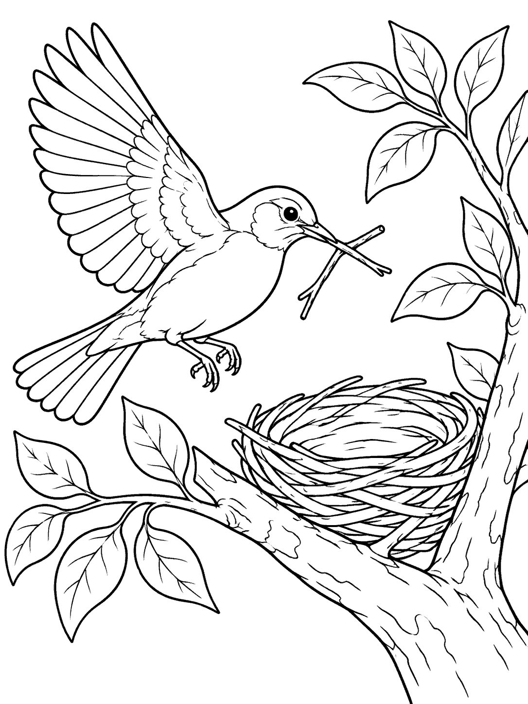 Robin carrying a twig toward a nest in a tree coloring page