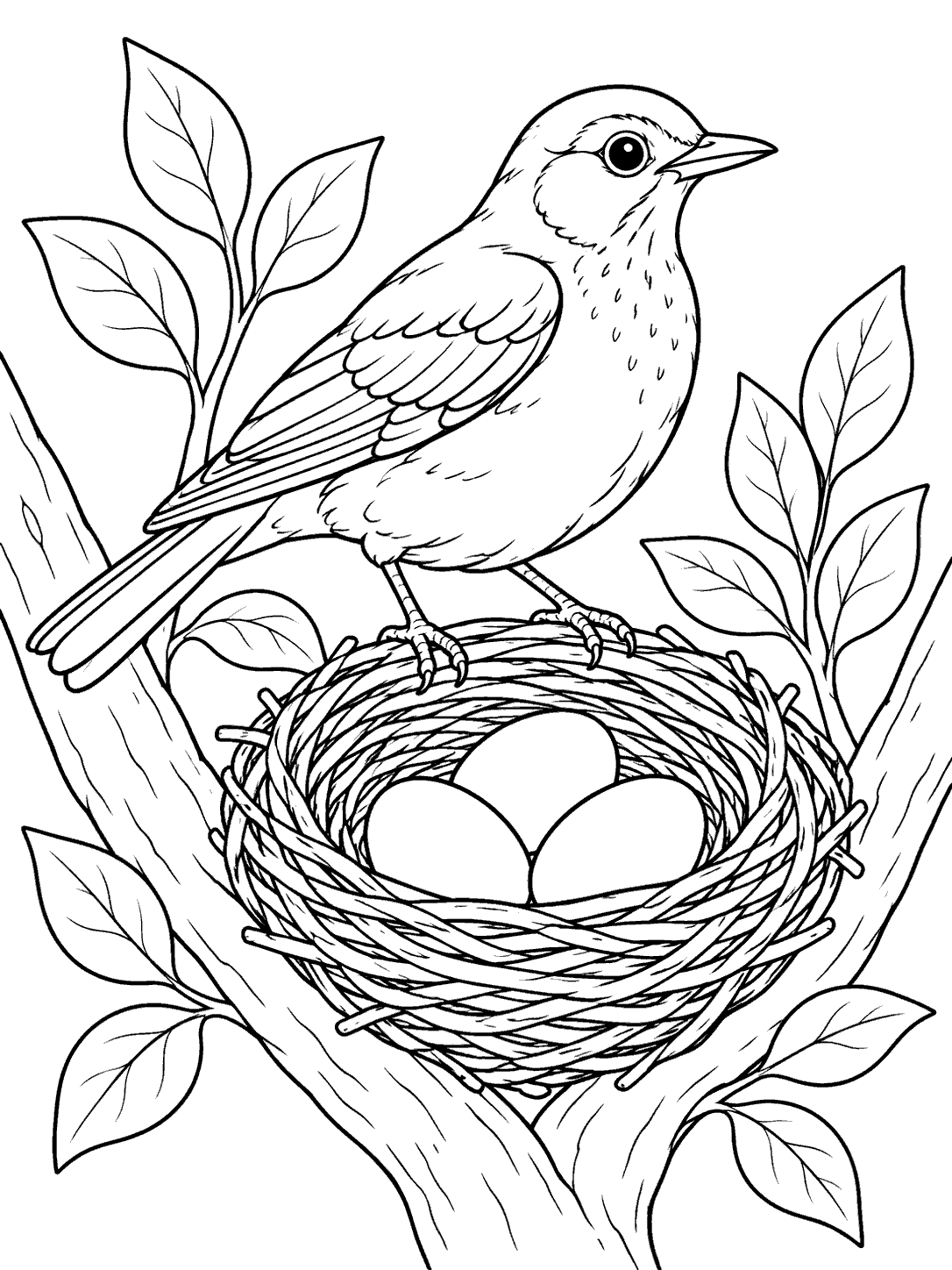 Black-outline coloring page of a robin perched over a nest with three eggs among leaves and branches.