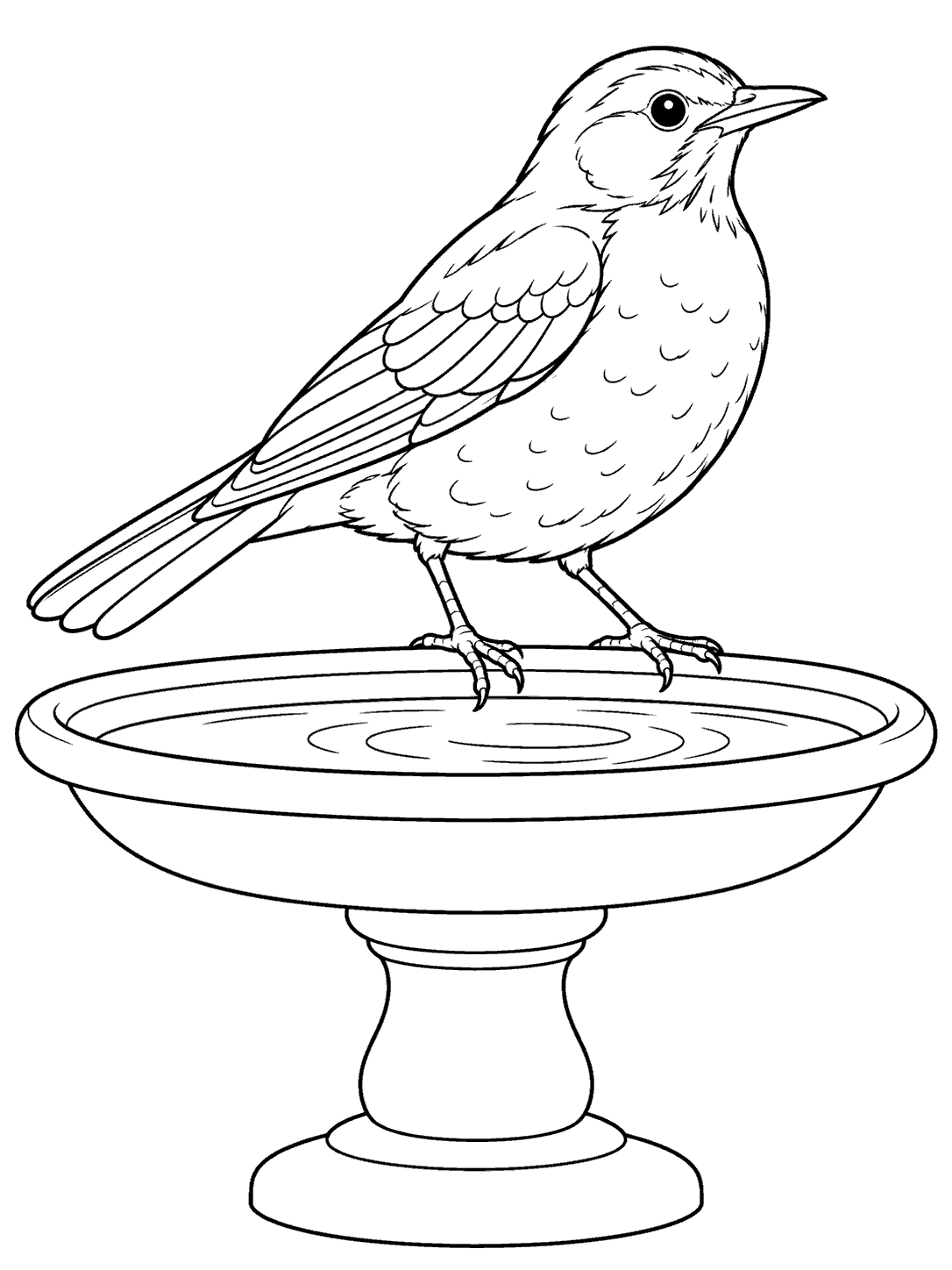Black-outline coloring page of a robin perched on a pedestal birdbath with water ripples.