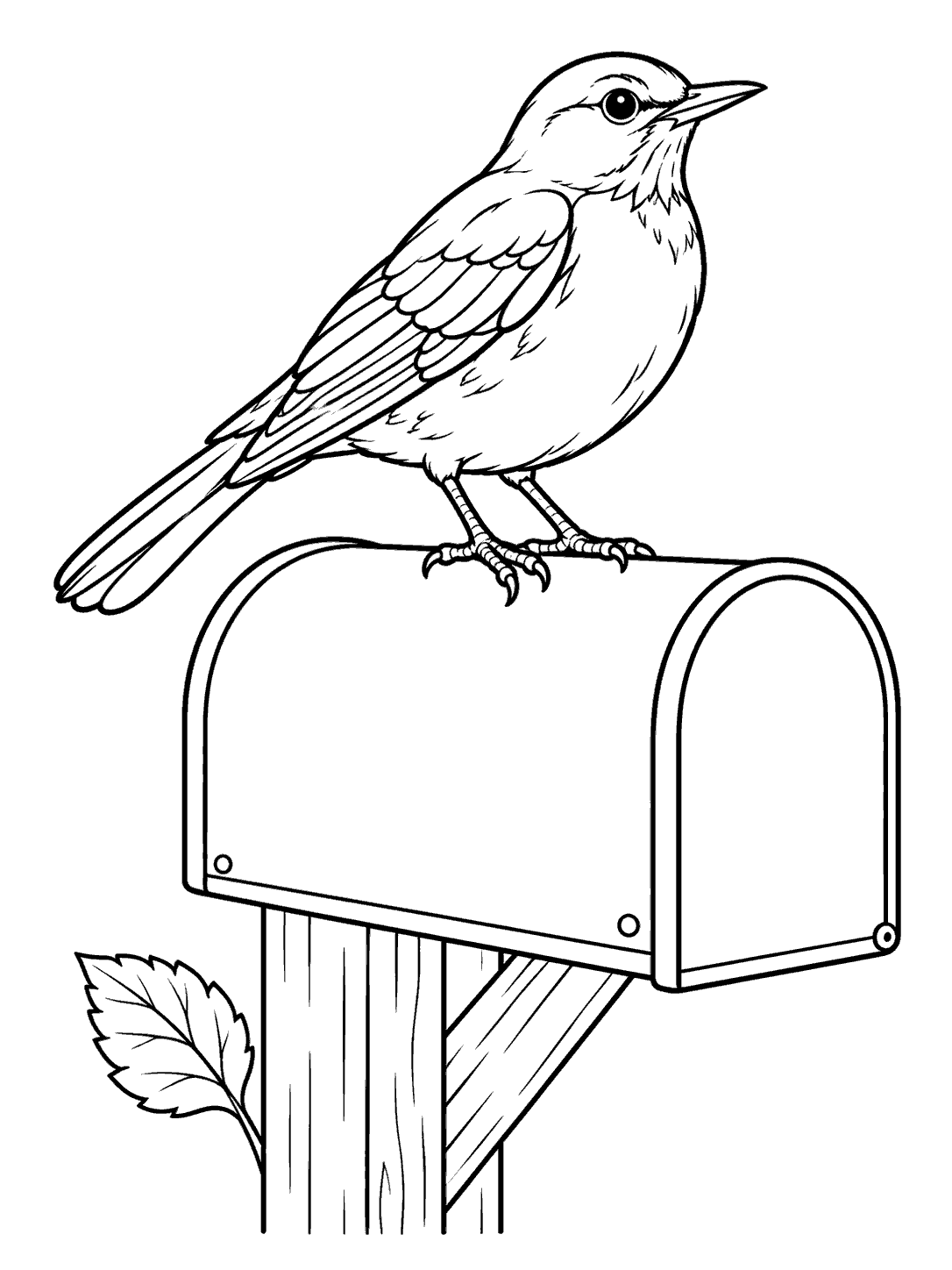 Black-outline coloring page of a robin perched on a plain mailbox with a leaf beside the post.