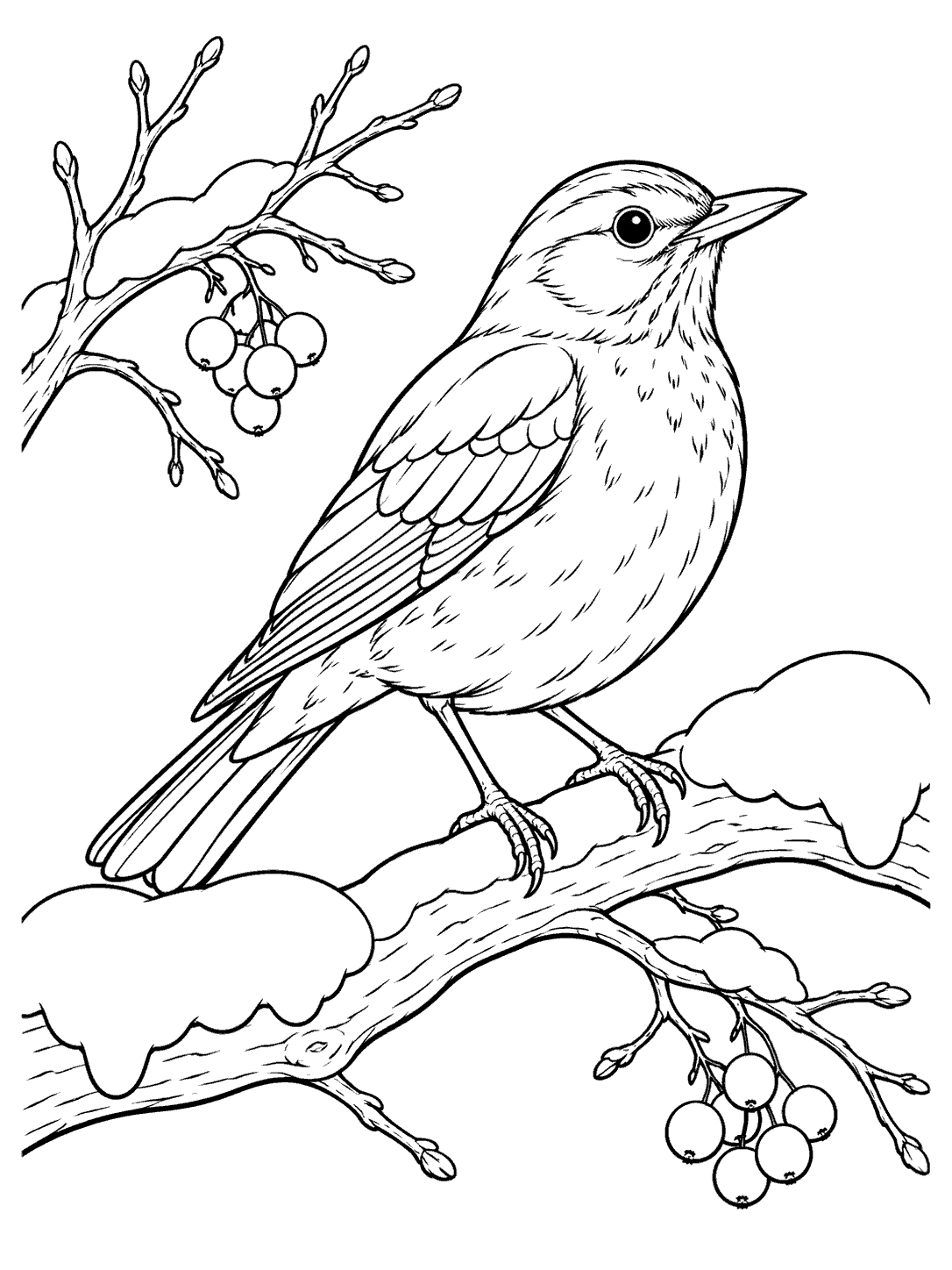 Black-outline robin perched on snow-capped branches with berries in a portrait coloring page