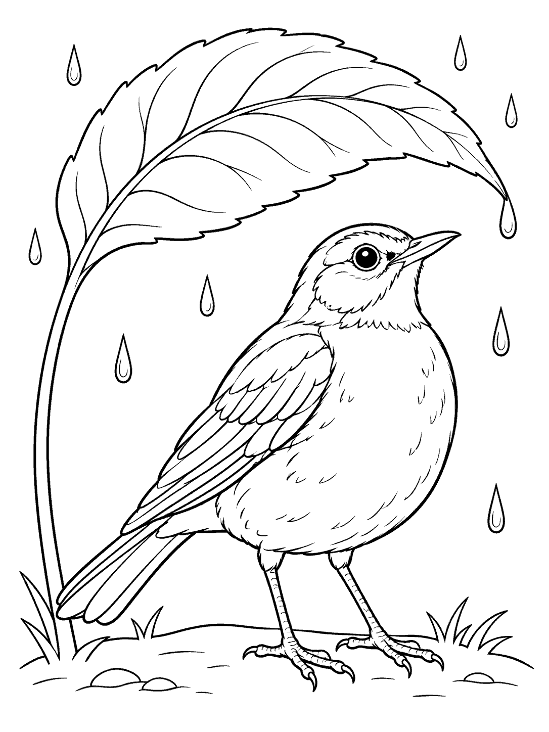 Black-outline coloring page of a robin standing beneath a large leaf in the rain