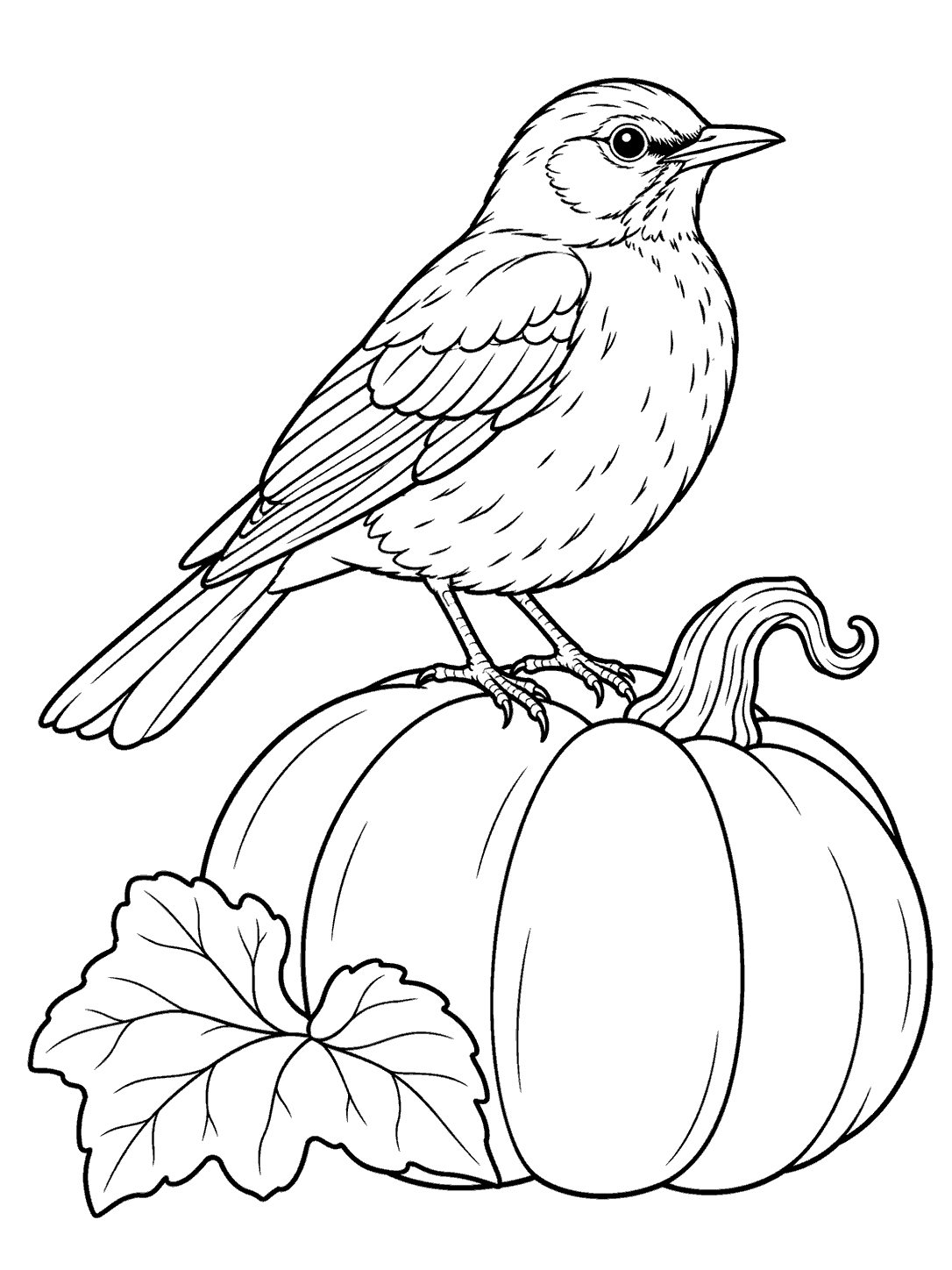Black-outline coloring page of a robin perched on a ribbed pumpkin with a curling stem and broad leaf.
