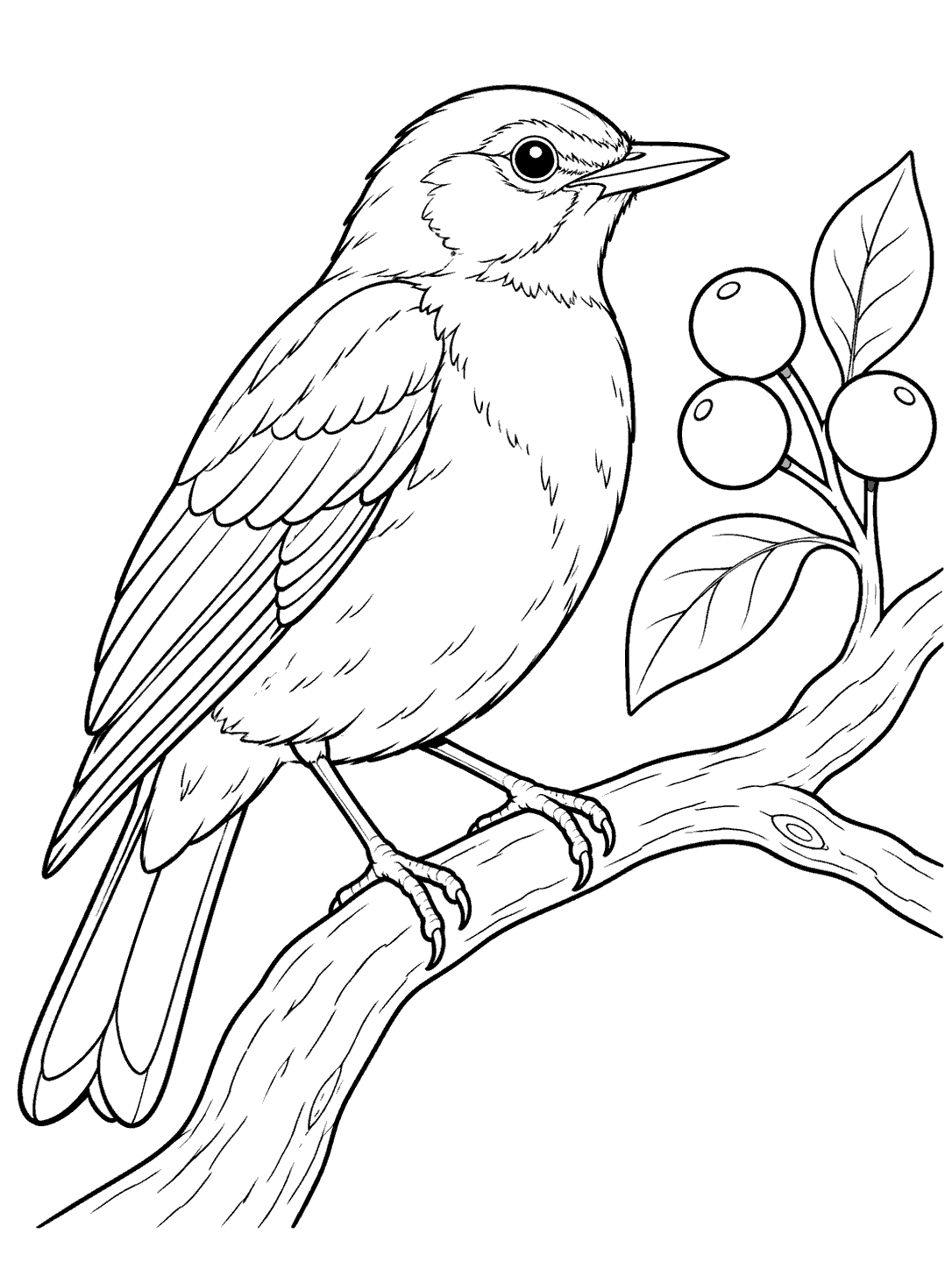 Robin perched on a curved branch beside a sprig with three berries coloring page