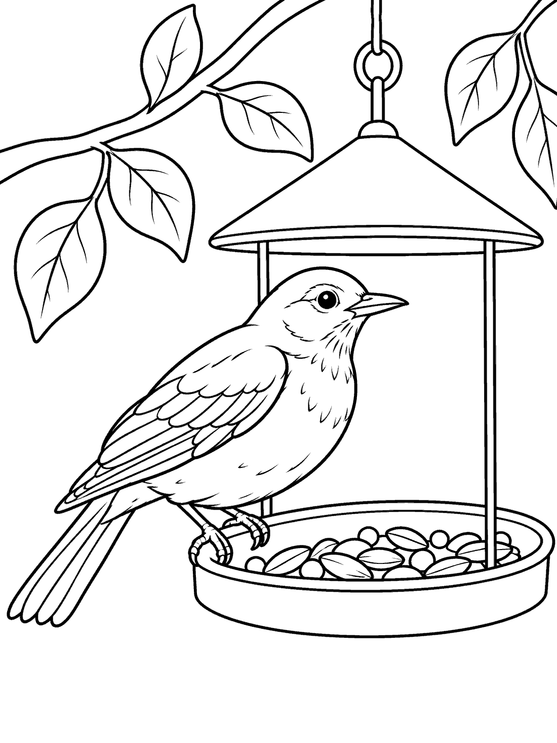 Robin perched on a hanging bird feeder coloring page