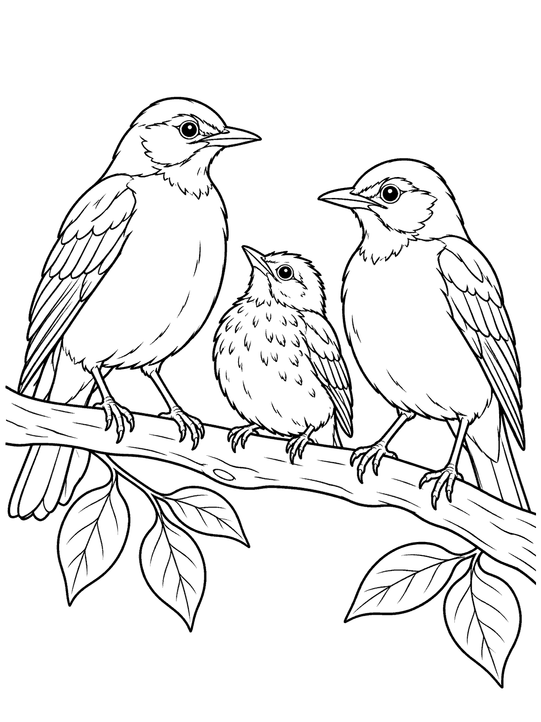 Two adult robins and a smaller fledgling on a leafy branch coloring page
