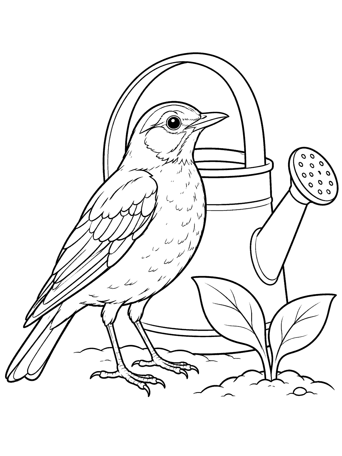 Black-outline coloring page of a robin beside a garden watering can and a two-leaf plant.