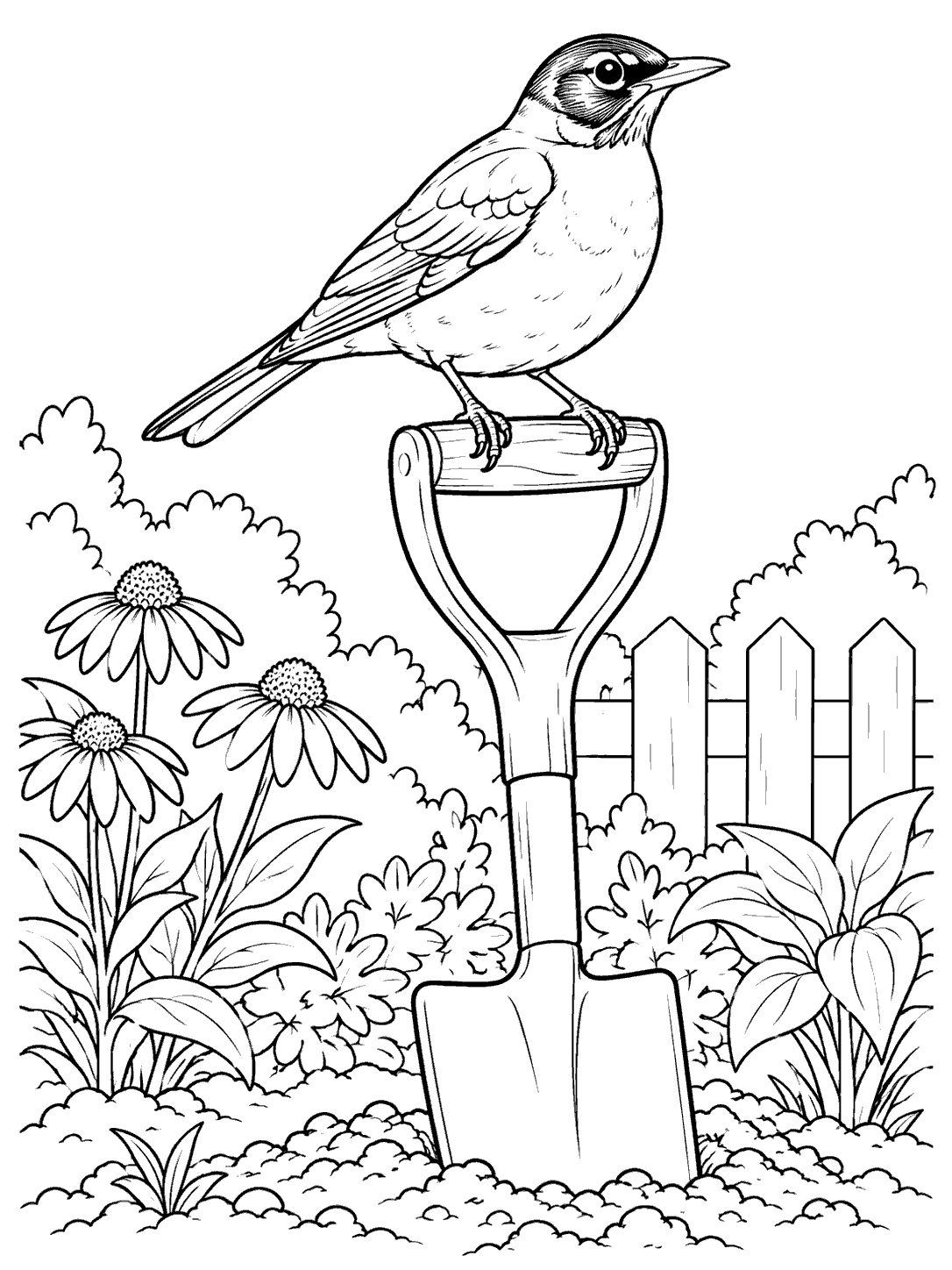 Black-outline coloring page of a robin perched on an upright garden shovel among flowers, plants, and a picket fence.