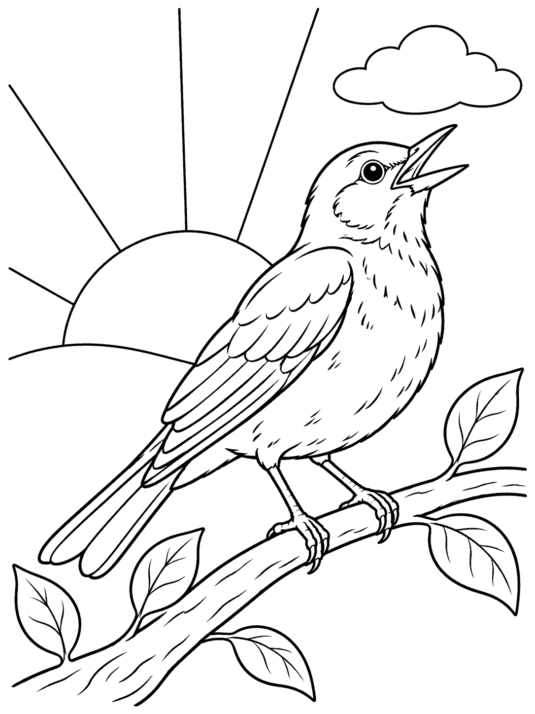 Robin singing beneath a rising sun coloring page