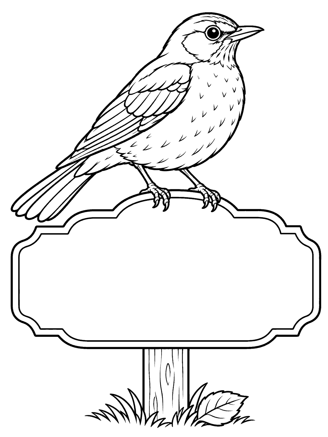 Black-outline coloring page showing a robin perched on a blank scalloped garden sign, with a leaf and grass at the post base.