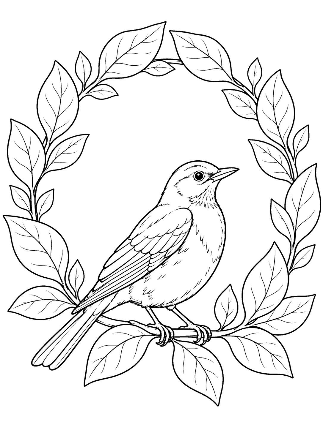 Line-art coloring page showing a robin perched among leaves at the bottom of an open circular wreath.