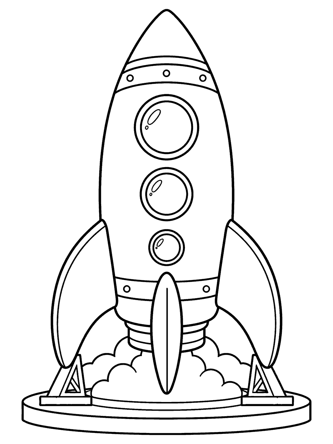 A classic upright rocket with round windows and three fins on a launch pad, with smoke billowing beneath it.