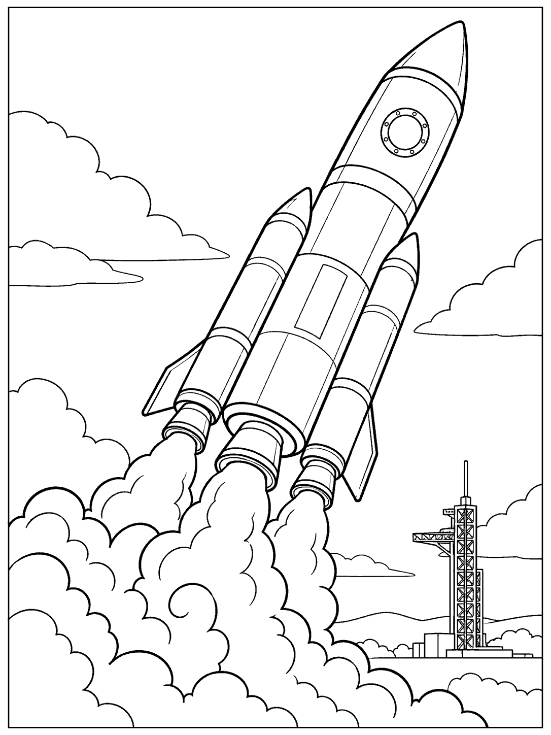 A detailed rocket angled upward through large curling smoke clouds, with a distant launch tower on a clean white coloring page.