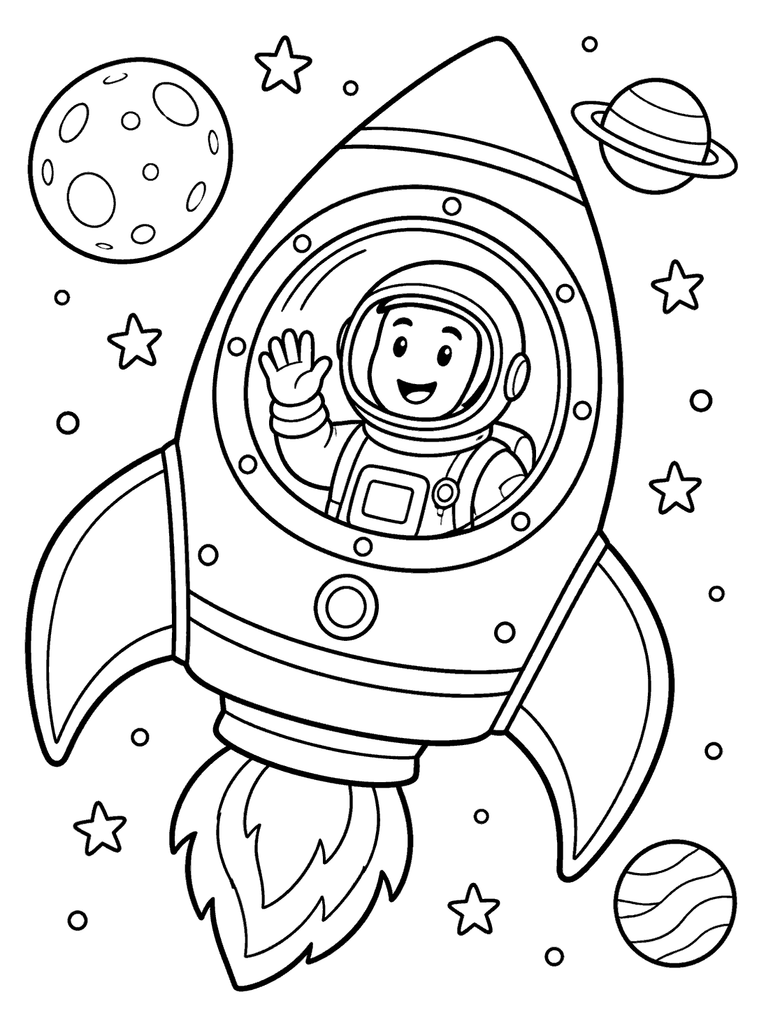 Smiling astronaut waving from a rocket window, surrounded by planets and stars