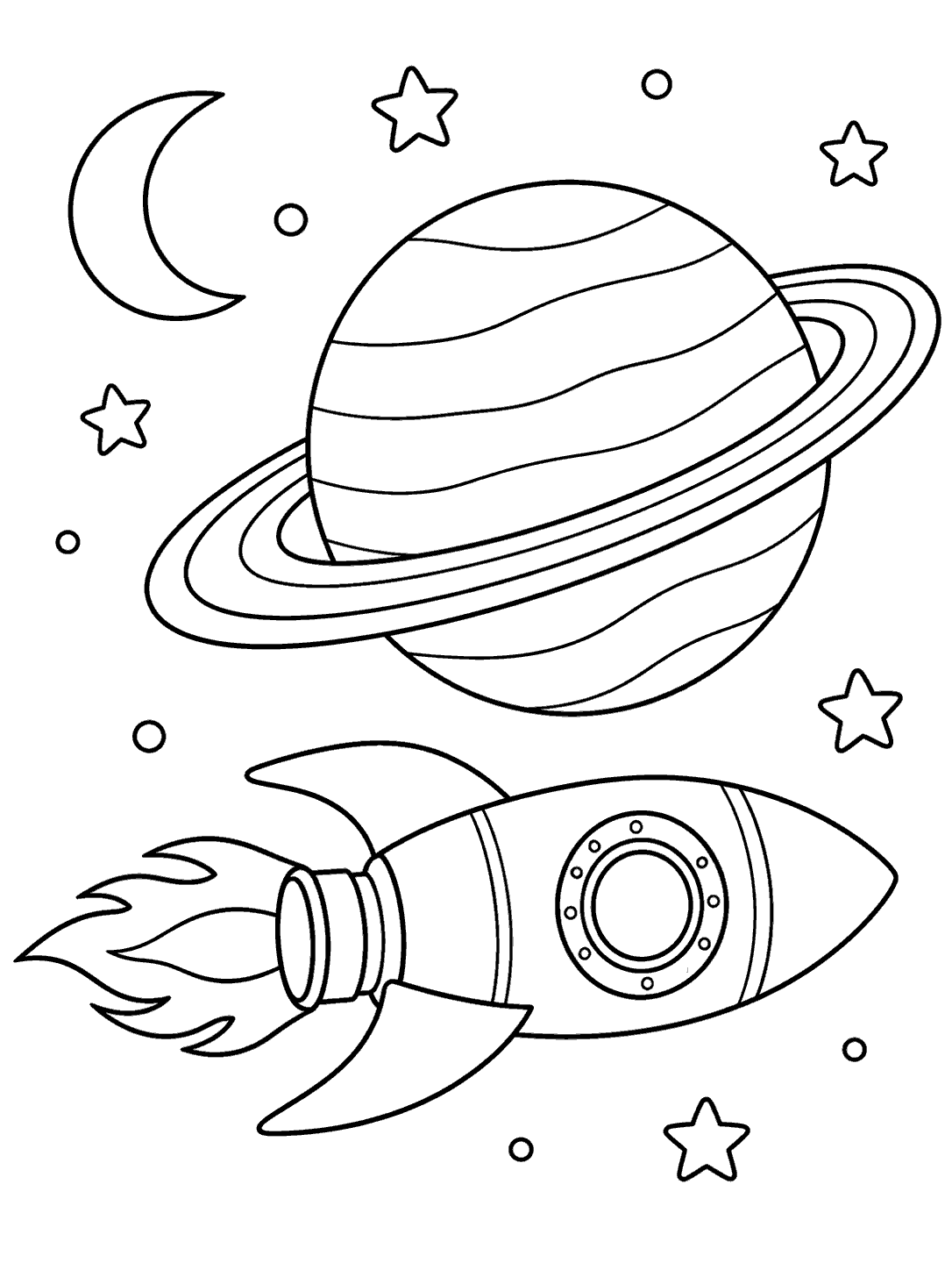 Black outline coloring page showing a horizontal rocket below a large ringed planet, with a crescent moon and scattered stars.