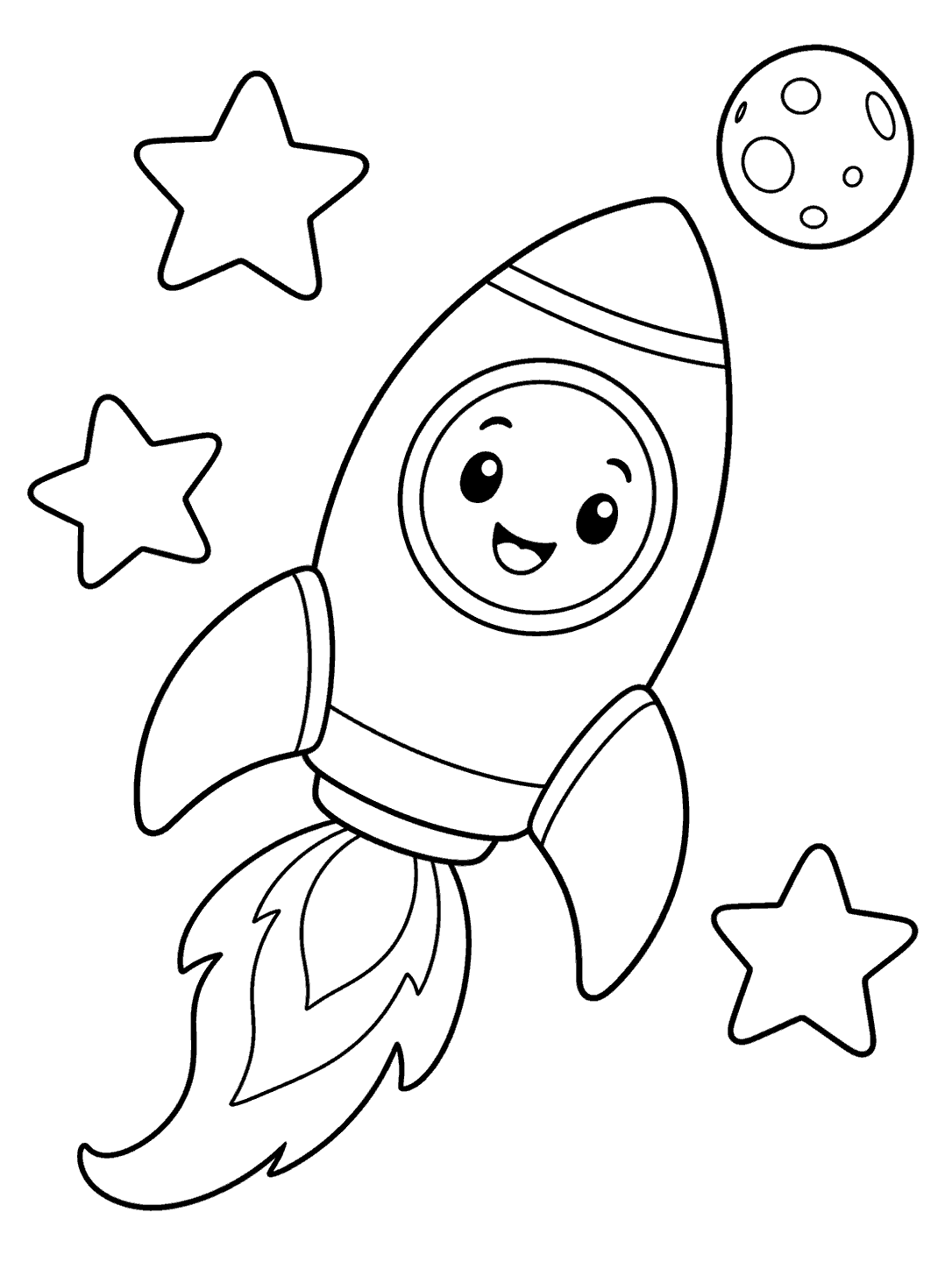 A smiling cartoon rocket with rounded fins and a curved flame trail, surrounded by three stars and a small cratered moon.