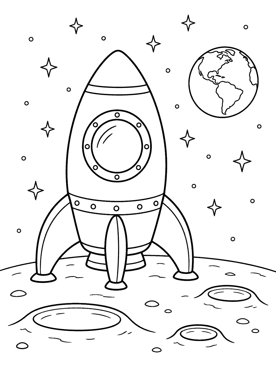A large outlined rocket stands on a cratered lunar surface, with Earth and stars in the background.
