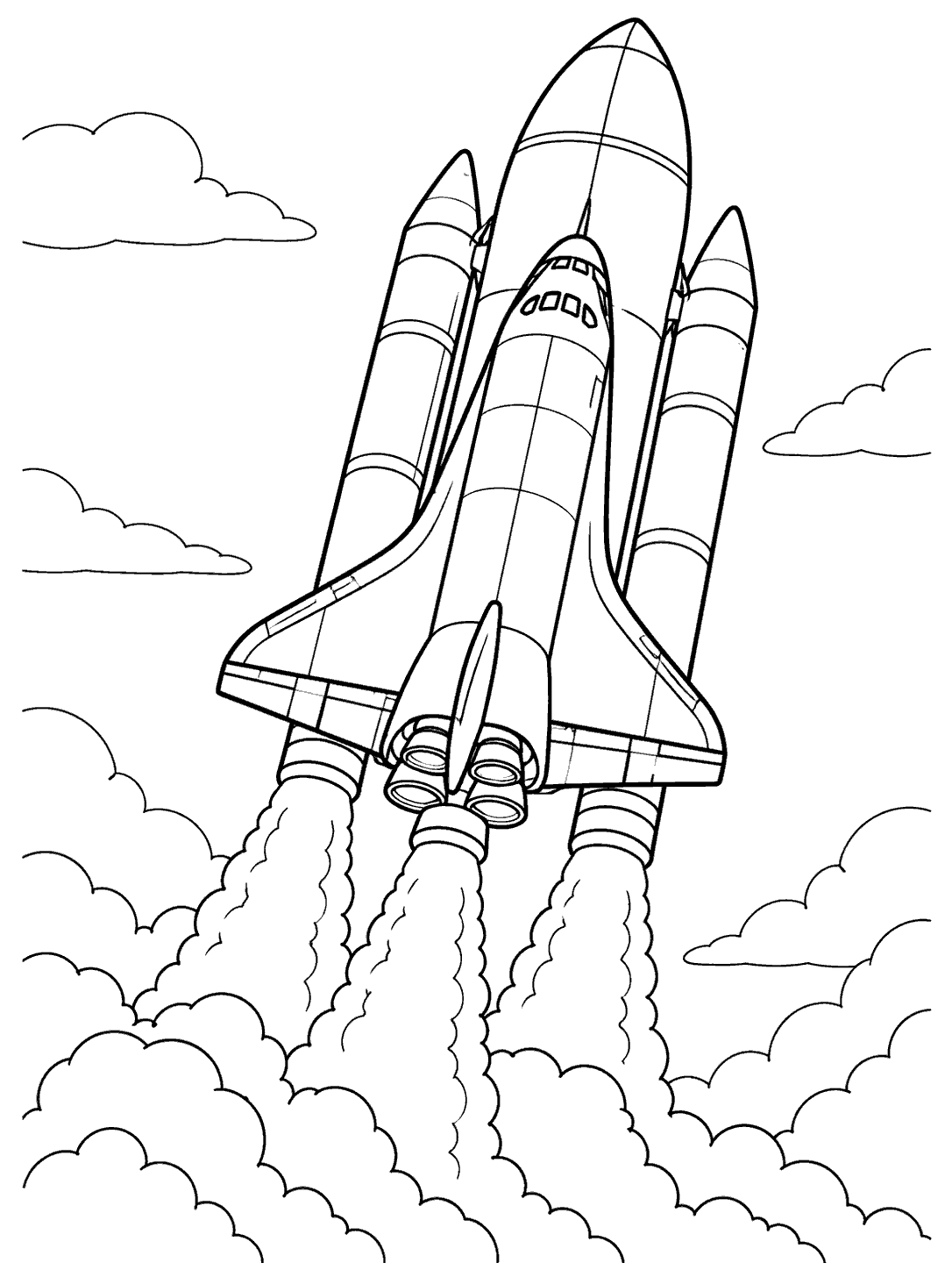 Black outline coloring page showing a space shuttle attached to a central tank and two side boosters, rising with exhaust trails among clouds.