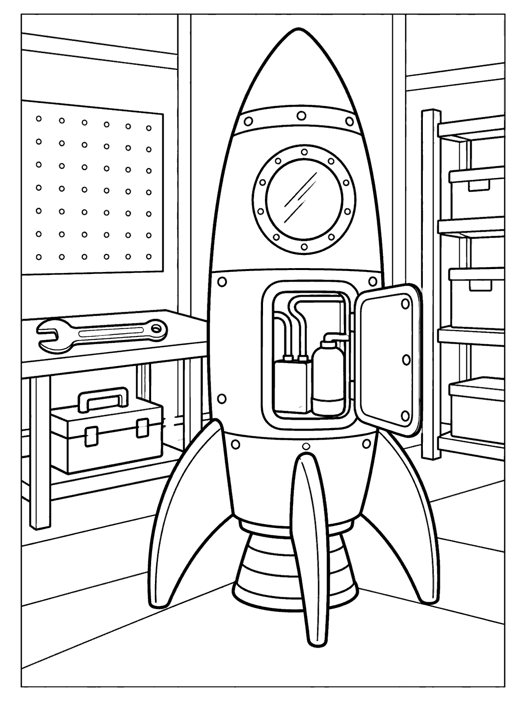 Black-and-white coloring page of a small uncrewed rocket in a tidy workshop, with a workbench, wrench, and toolbox.