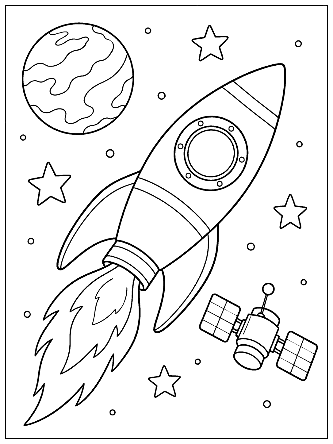 Black-and-white coloring page showing a rocket launching through space beside a two-panel satellite, with stars and a distant planet.