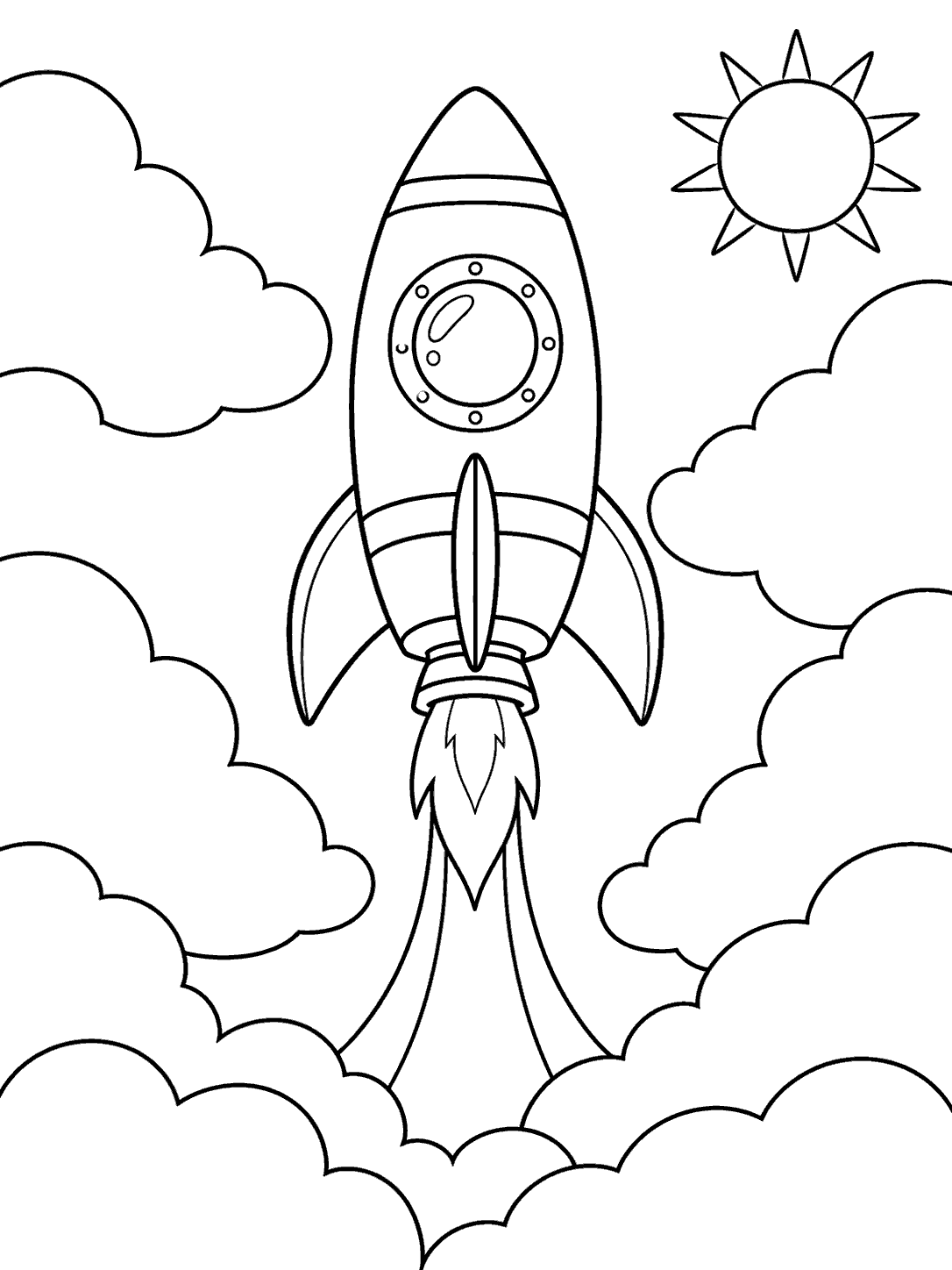 An upward-pointing rocket rises through large puffy clouds beneath a small sun, with a curved trail below.
