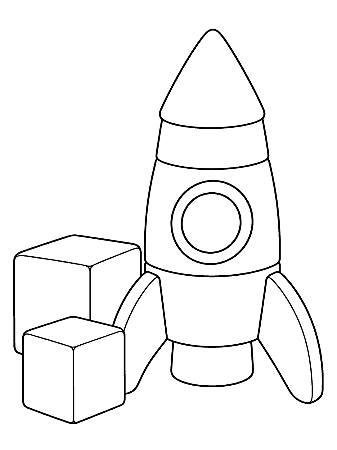 Black outline coloring page of a chunky toy rocket with a round window and two building blocks.