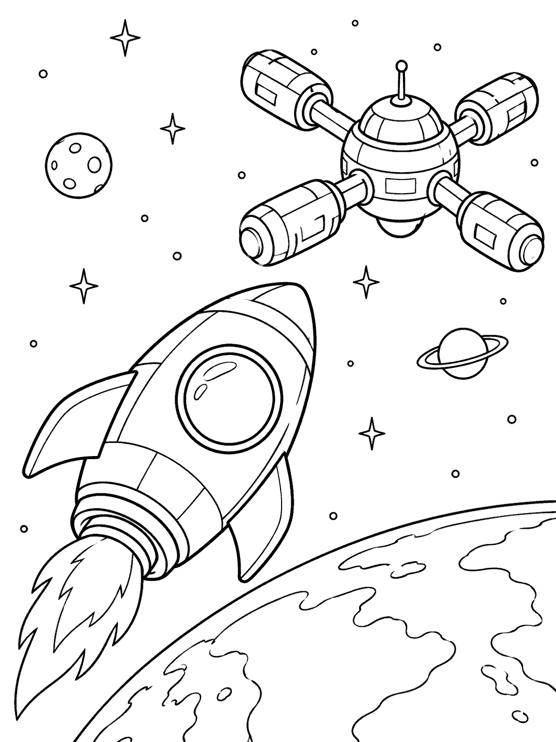 A large rescue rocket with one round window flies toward a space station with a central hub and four docking arms, surrounded by stars and a small planet.