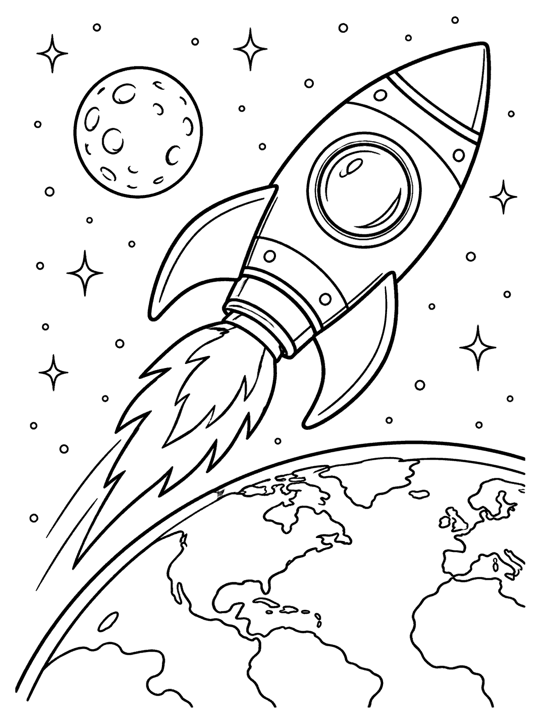 A black-and-white rocket traveling over the curved Earth, with continents, a small moon, and stars.
