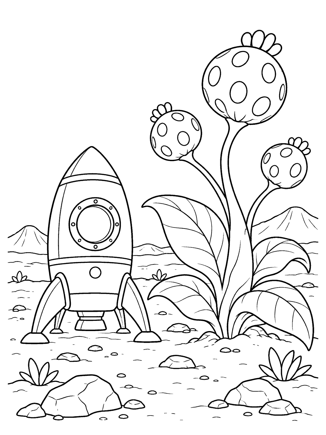 Black-and-white coloring page of a landed rocket beside a large alien plant with round seed pods, distant hills, and a rocky planet surface.