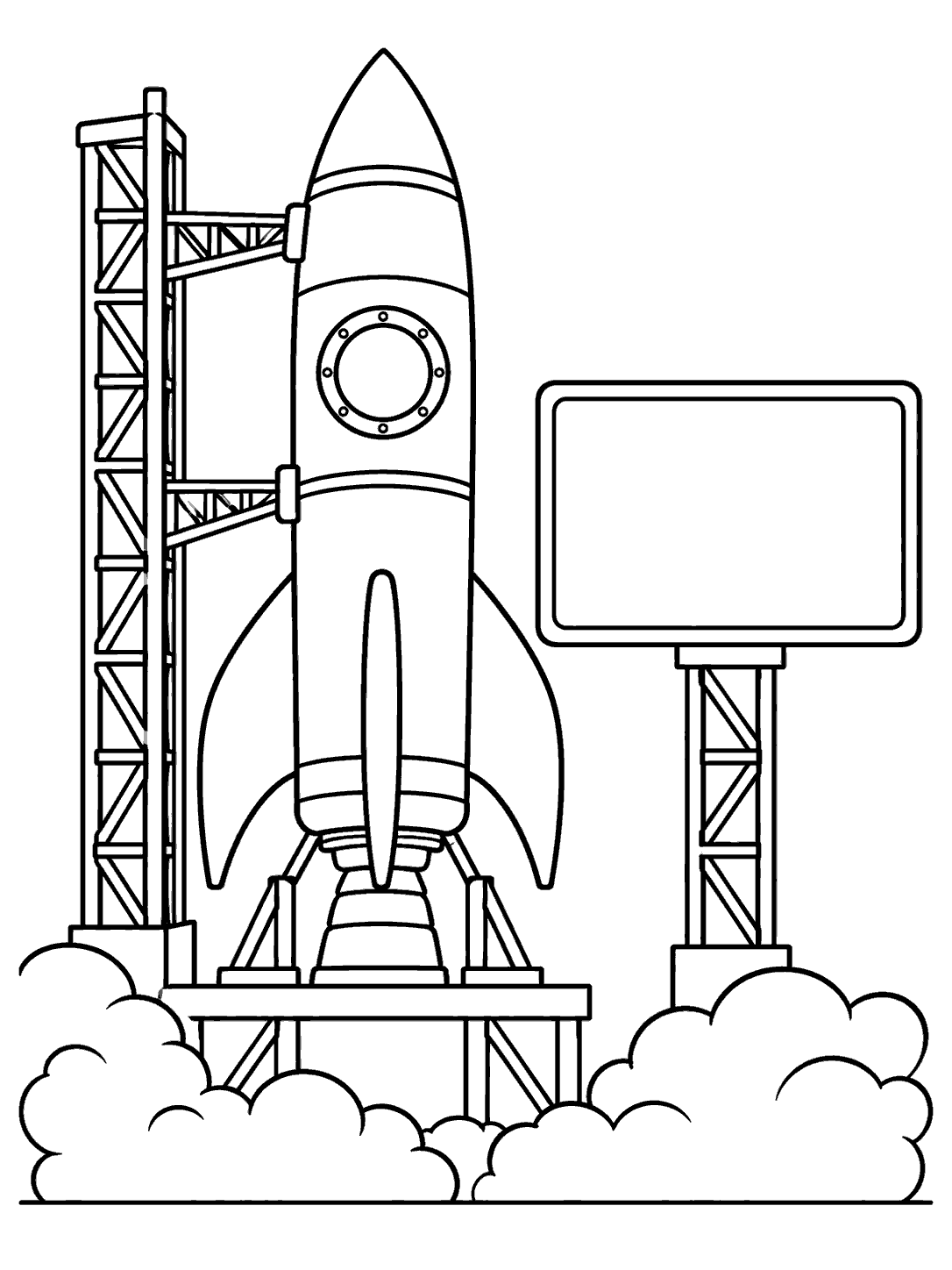 Rocket on a launch pad beside an empty countdown board, with smoke clouds