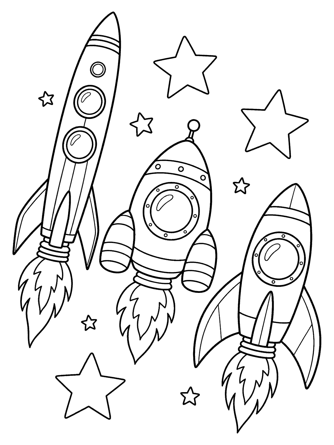 Three distinct rockets in a space parade, surrounded by stars, in a black-and-white coloring page.