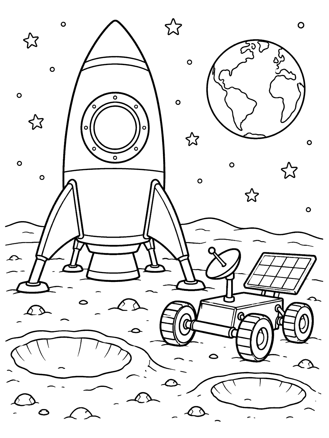 Black and white coloring page showing a landed rocket beside a four-wheeled lunar rover with an antenna and solar panel, on a cratered moon beneath stars and Earth.