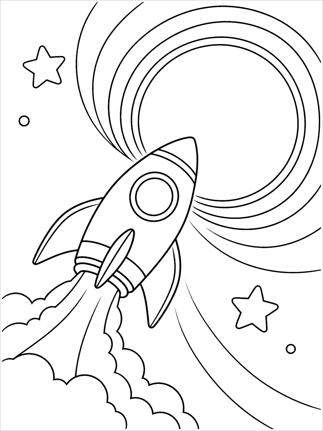 Black-and-white coloring page showing a rocket flying toward a large concentric circular portal, with stars and a billowing trail.