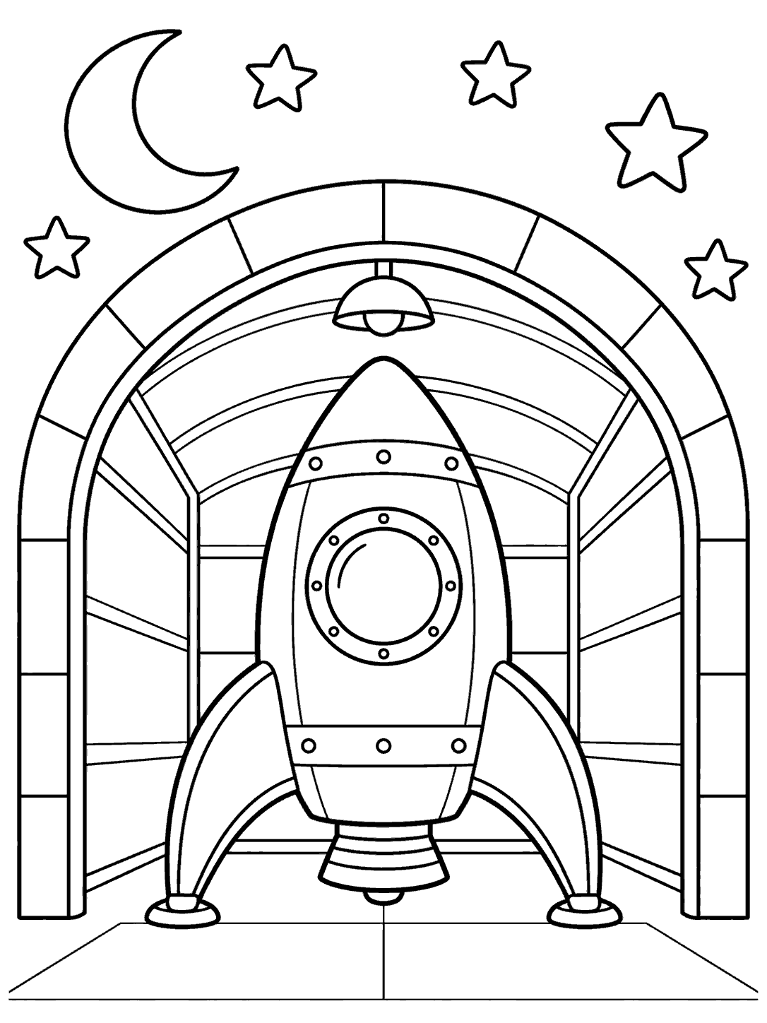 A fully visible rocket inside a rounded open hangar, with a crescent moon and stars overhead.