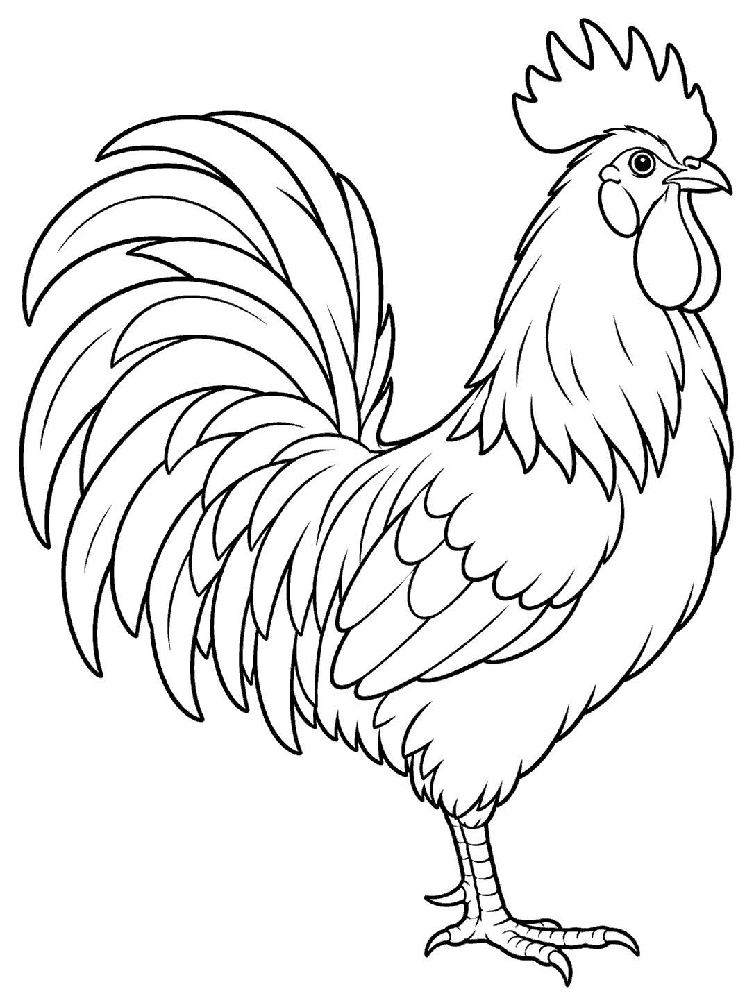 Rooster standing in profile with a fanned tail
