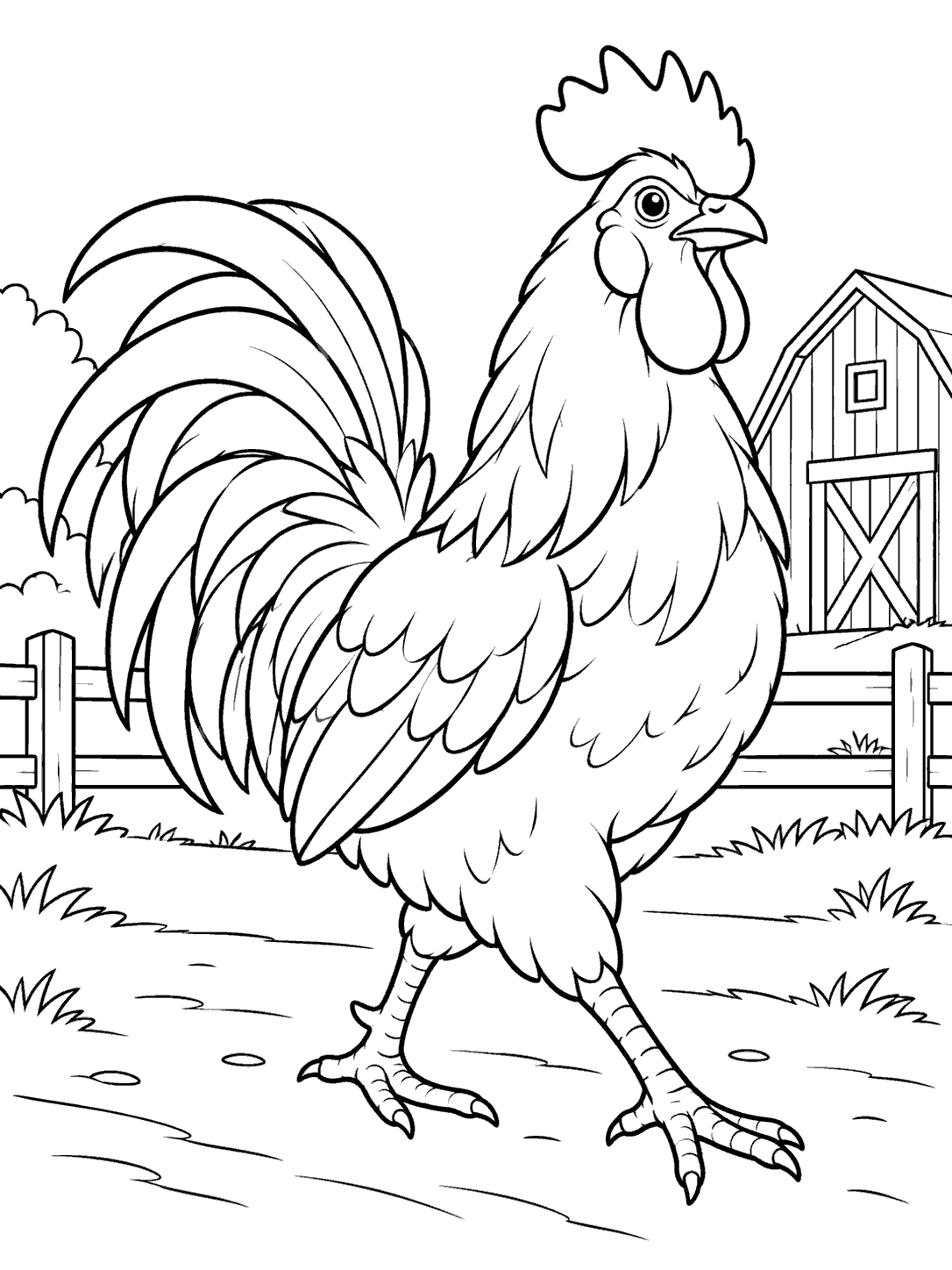 A large rooster walking across a farmyard, with a small barn, fence, and simple ground lines behind it.