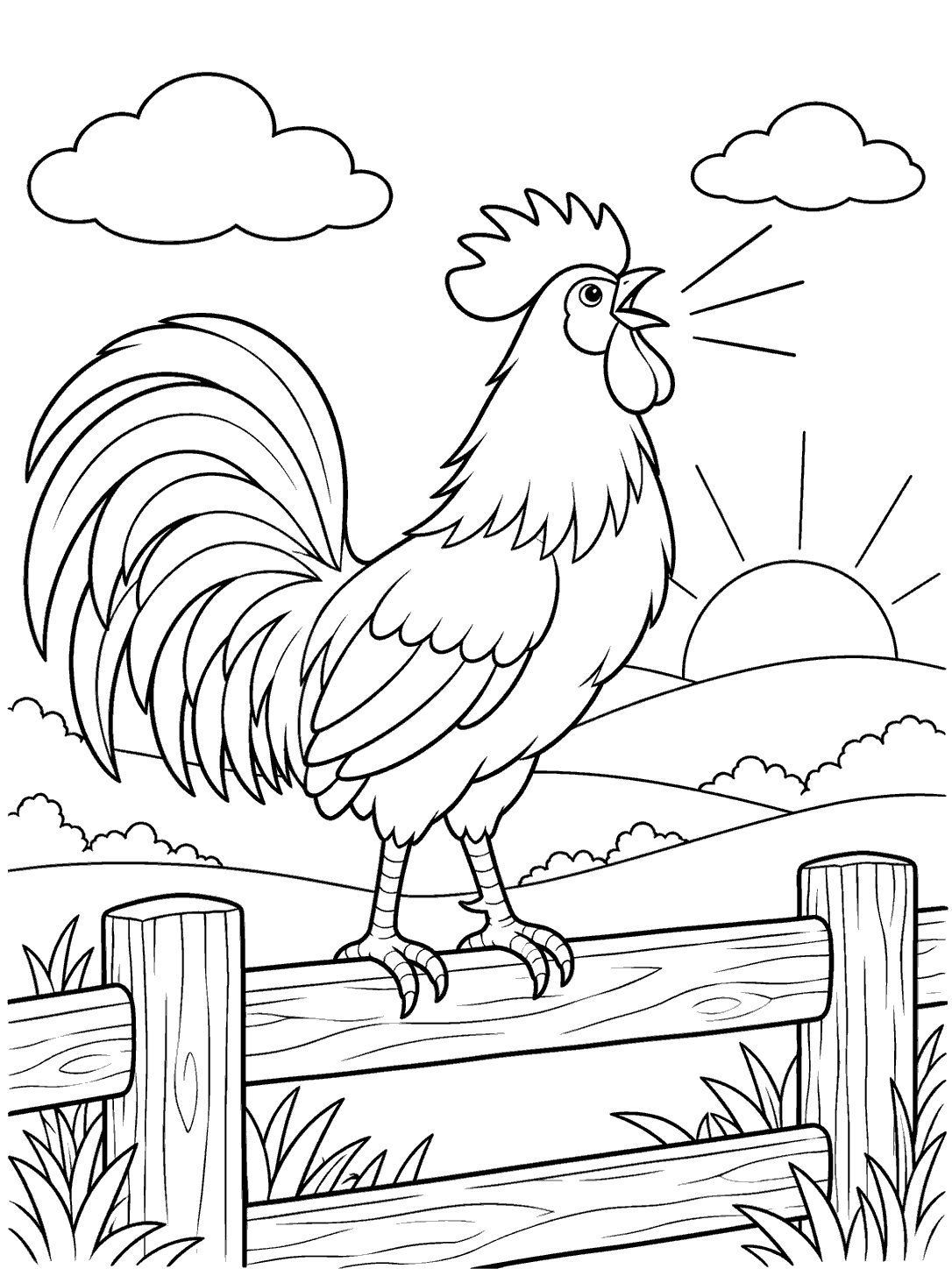 Black-and-white line art of a crowing rooster on a fence rail, with a rising sun, hills, and two clouds.