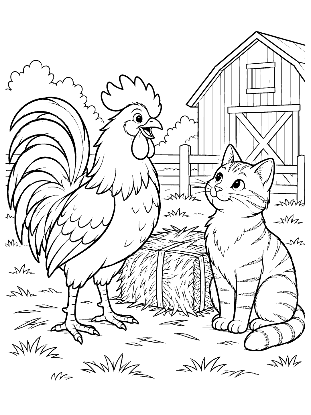 A rooster and seated cat facing each other beside a hay bale, with a barn and fence in the background.