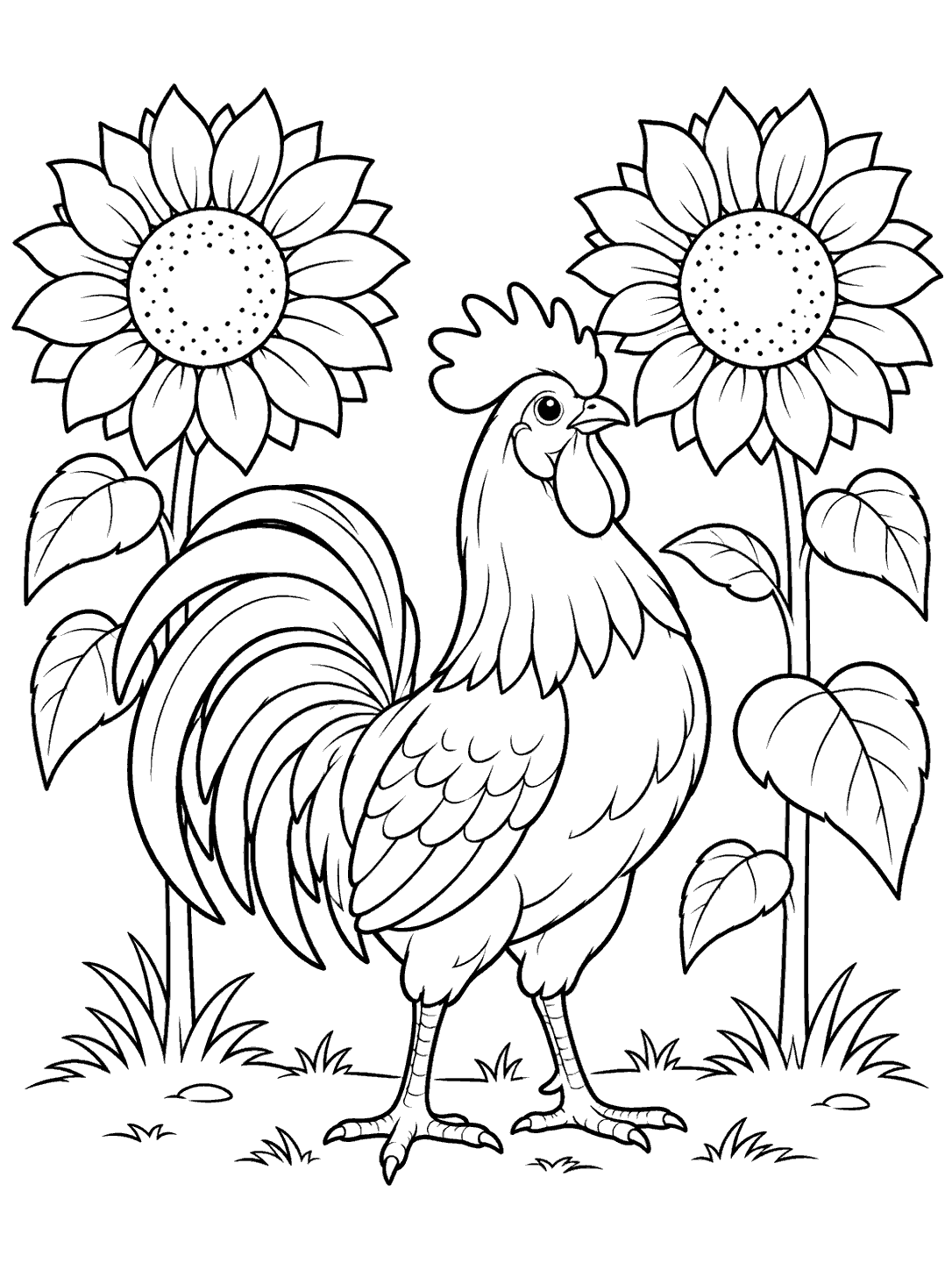 Rooster framed by two sunflowers