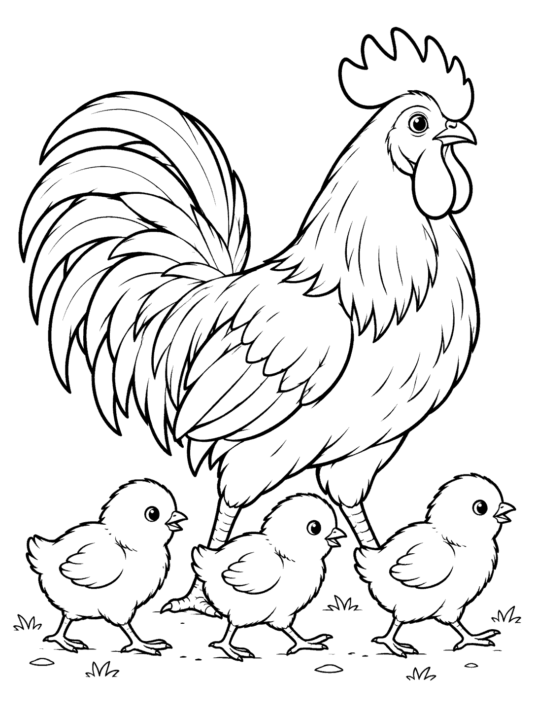 Rooster standing protectively beside three chicks walking in a row.