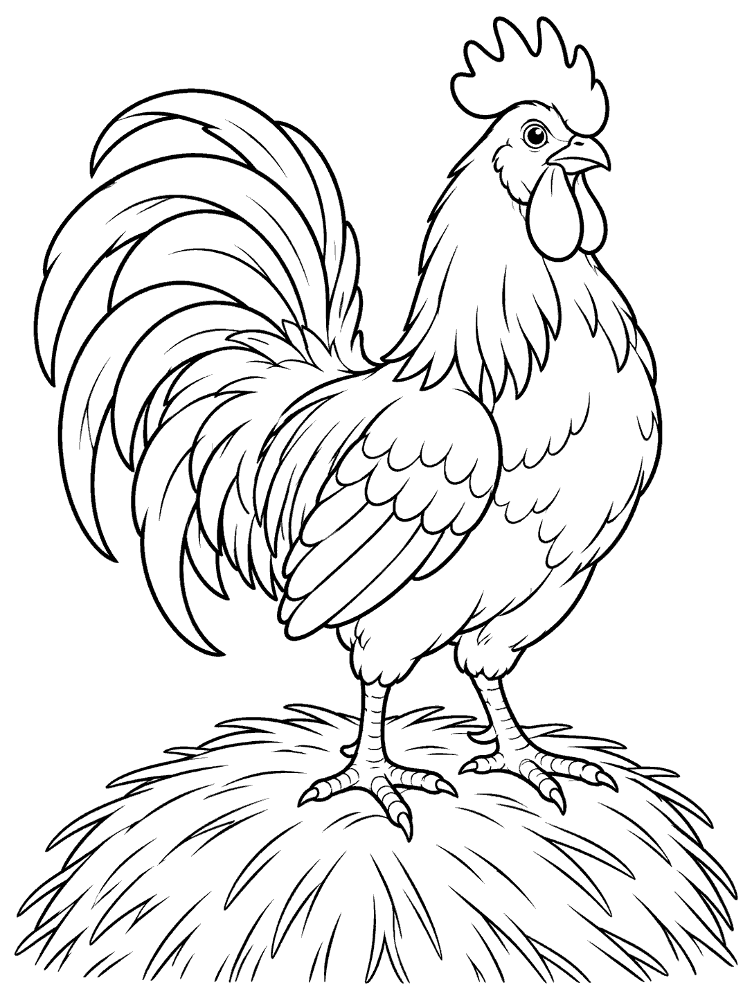 Line art of a rooster standing on a broad haystack with its tail raised.