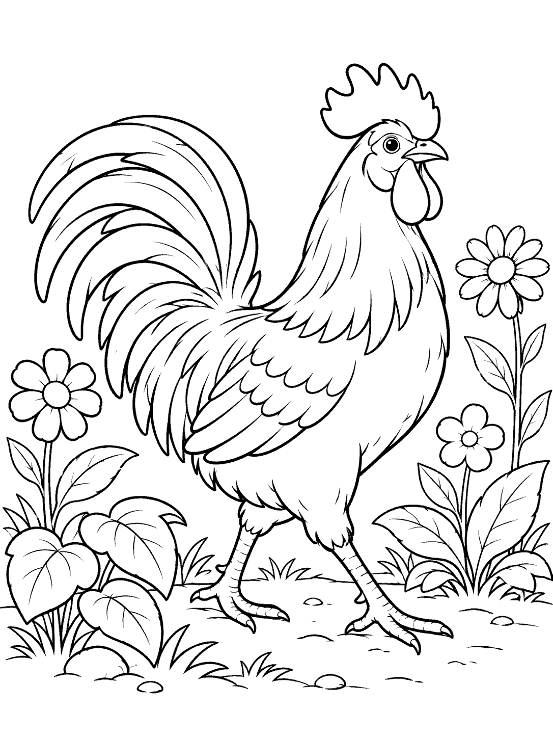 A large rooster walking through a country garden with three flowers and broad-leaf plants, drawn in black outlines on white.