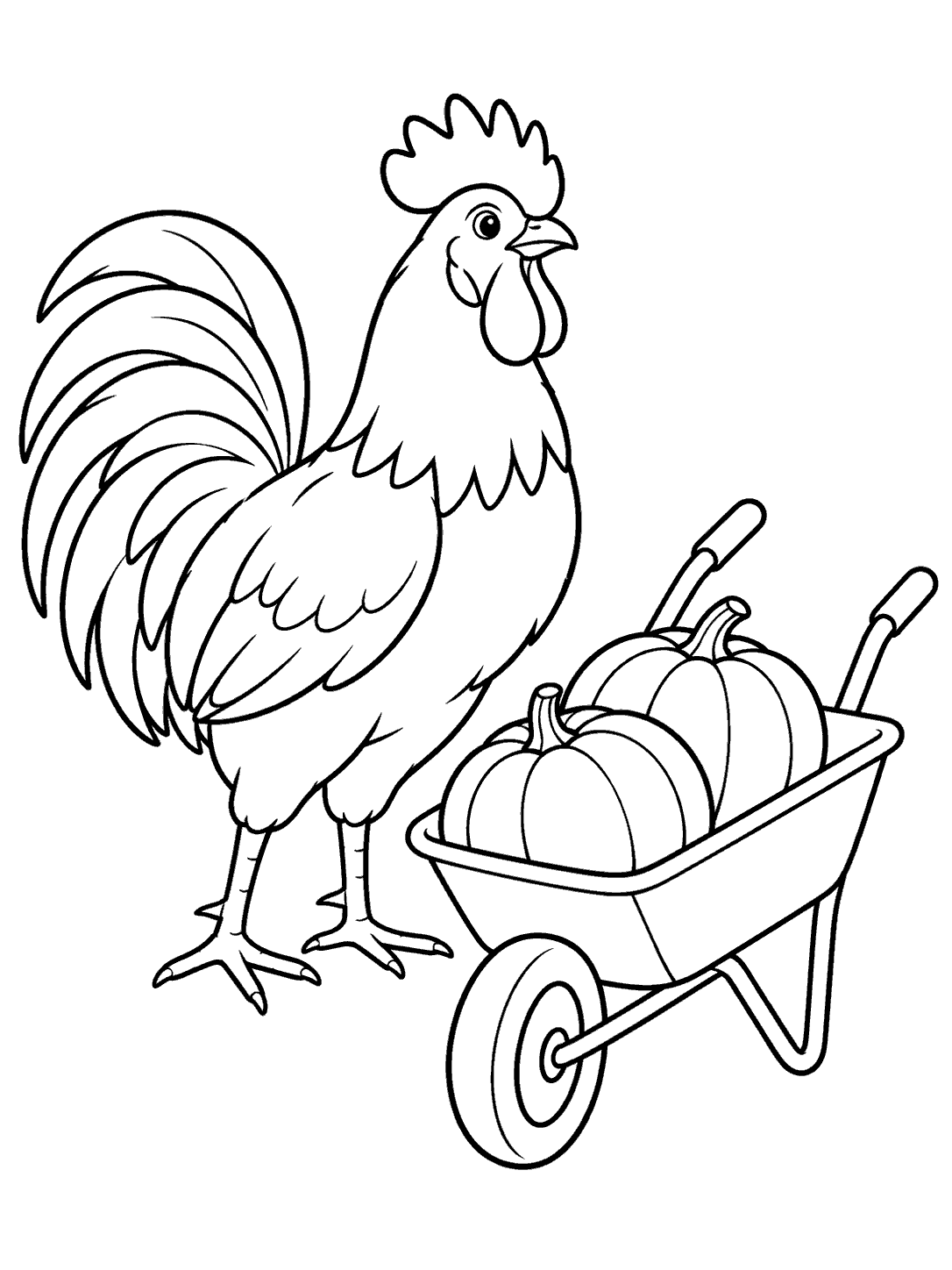 A rooster beside a single-wheel garden wheelbarrow carrying two pumpkins.