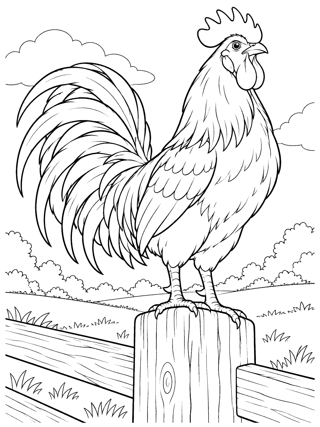 Low-angle view of a rooster perched on a fence post, with fence rails and a sweeping tail
