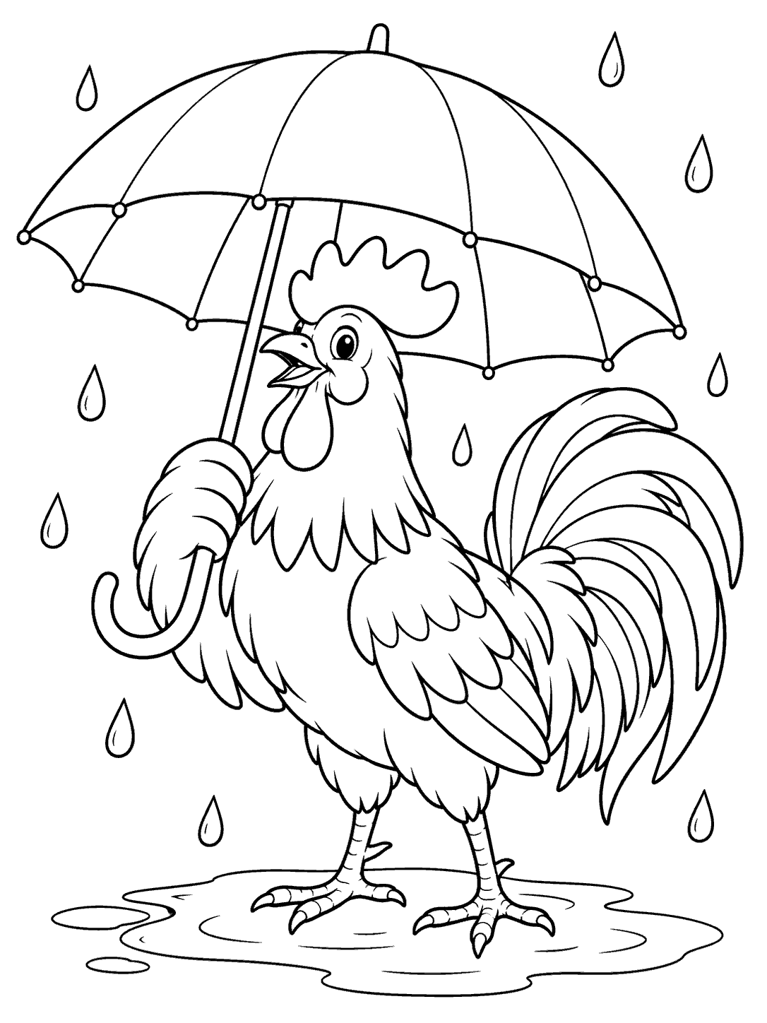 A detailed rooster holding an umbrella beneath large outlined raindrops, standing in a puddle.