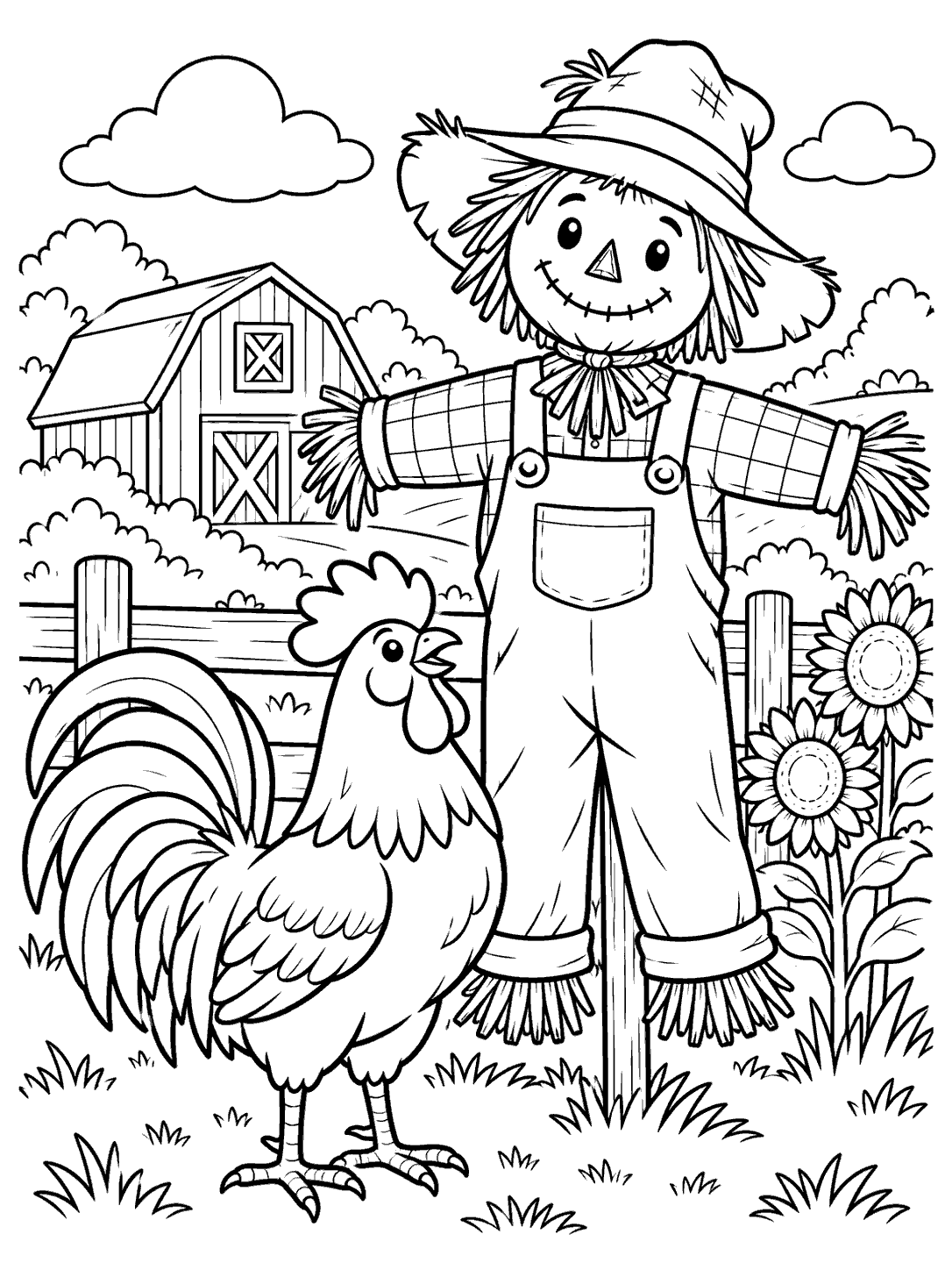 A large rooster beside a smiling scarecrow in overalls, with a barn, fence, clouds, and sunflowers in the background.